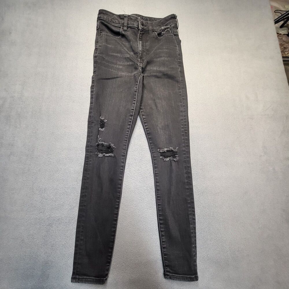 American Eagle Jeans Womens 2 Black High Rise Jegging Distressed Stretch Denim